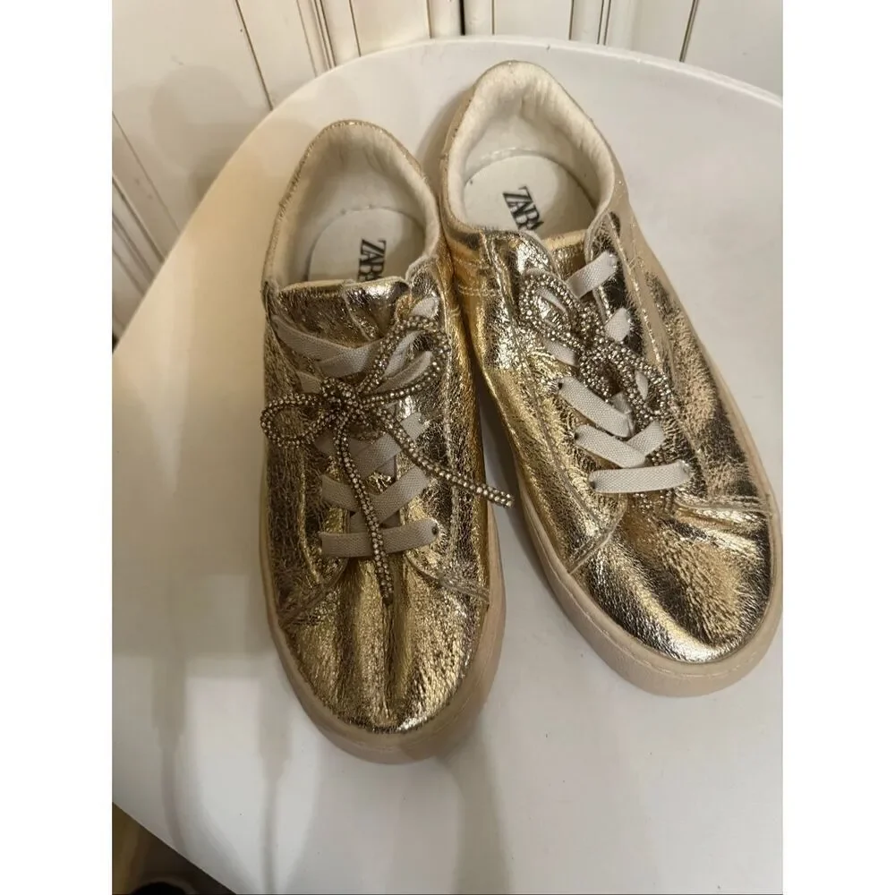Zara Women's Lace Up Low Top Metallic Bow Faux Leather Sneakers Gold Sz 37 NWOT